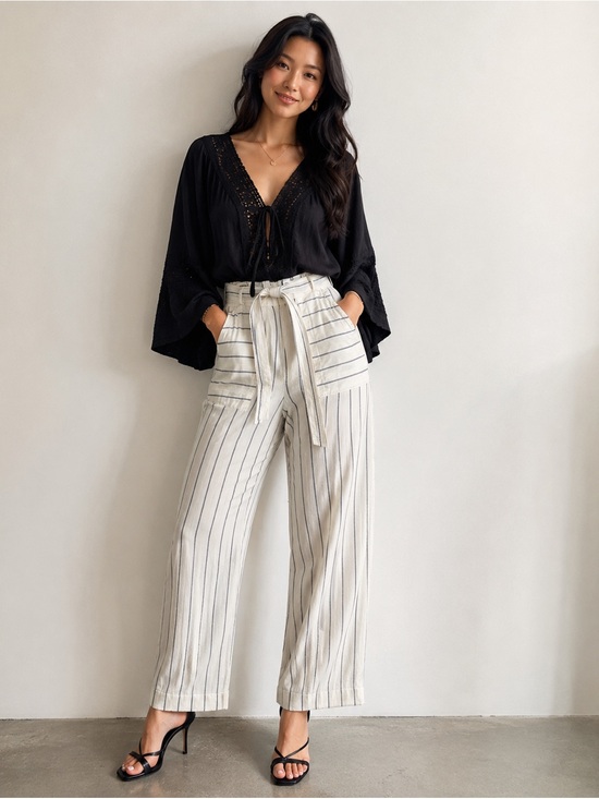 Halston Heritage Pants - LN Halston SZ 8 Cream/Black Wide-Leg Stripe Tie-Waist Pants/Waist 28”-32”